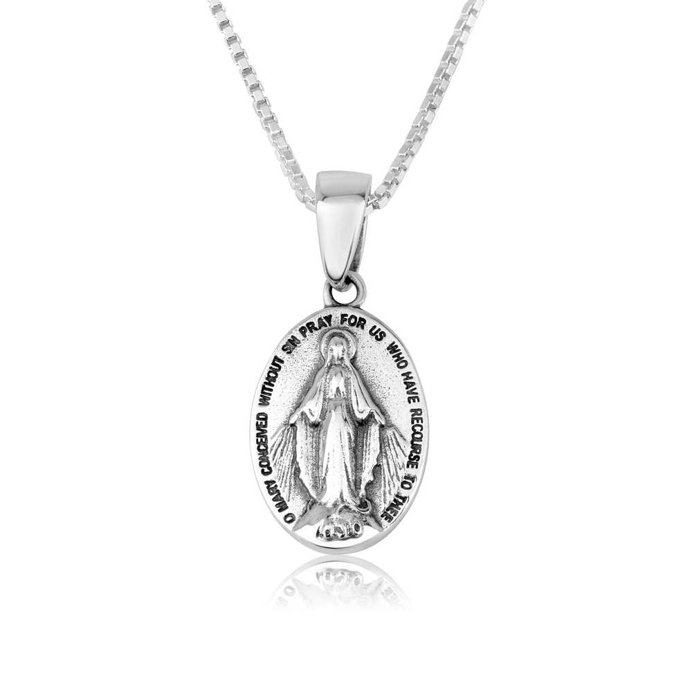 Miraculous Medal pendant necklace with English inscription in sterling silver