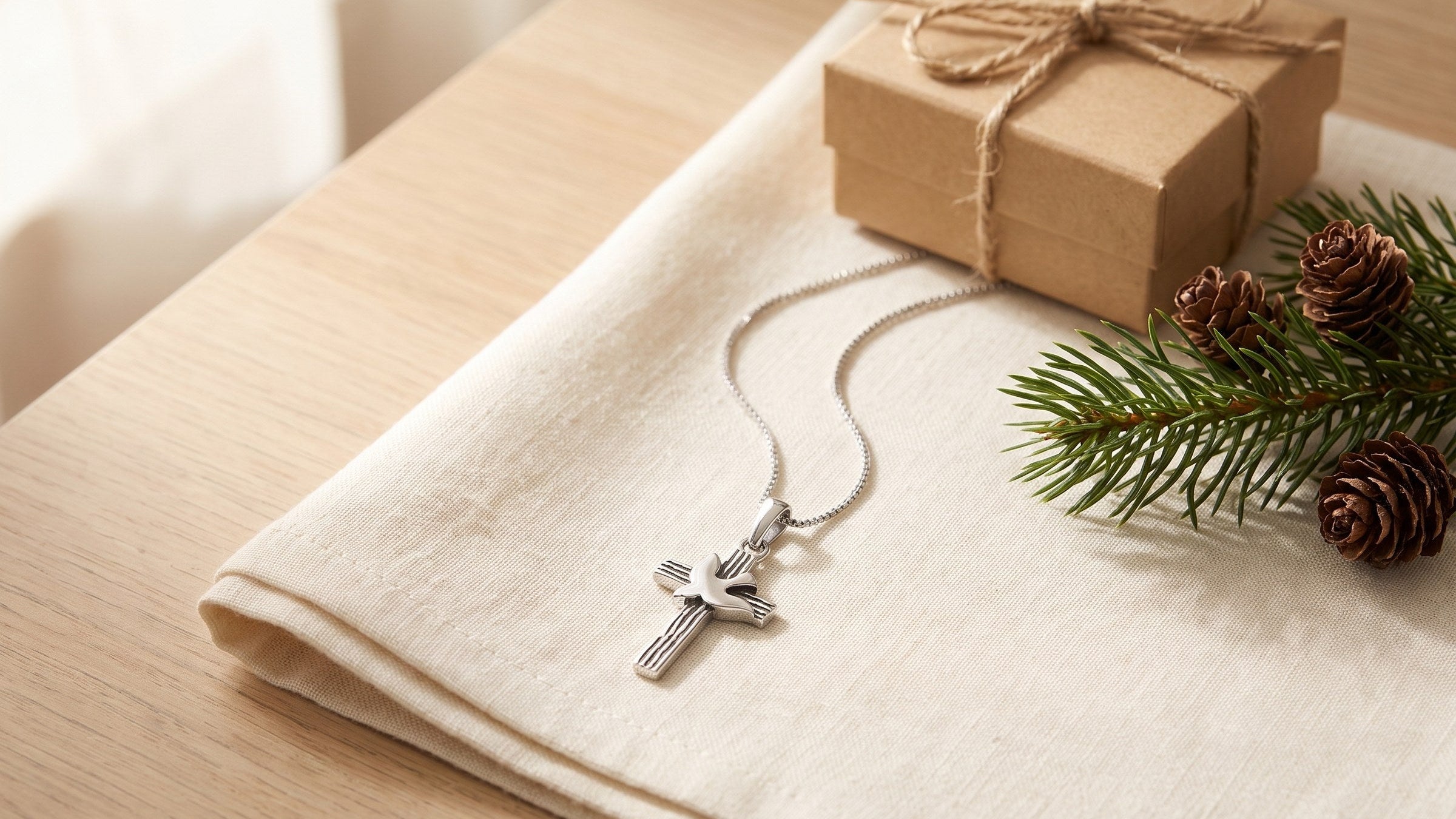 Cross with dove pendant necklace in sterling silver on cream linen beside a kraft gift box and an evergreen sprig