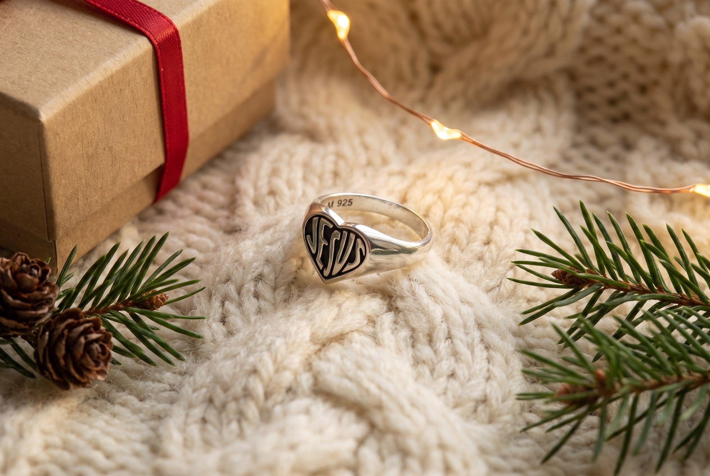 Sterling silver heart-shaped signet ring with JESUS lettering on a cream knit blanket with fir branches, a gift and Christmas lights