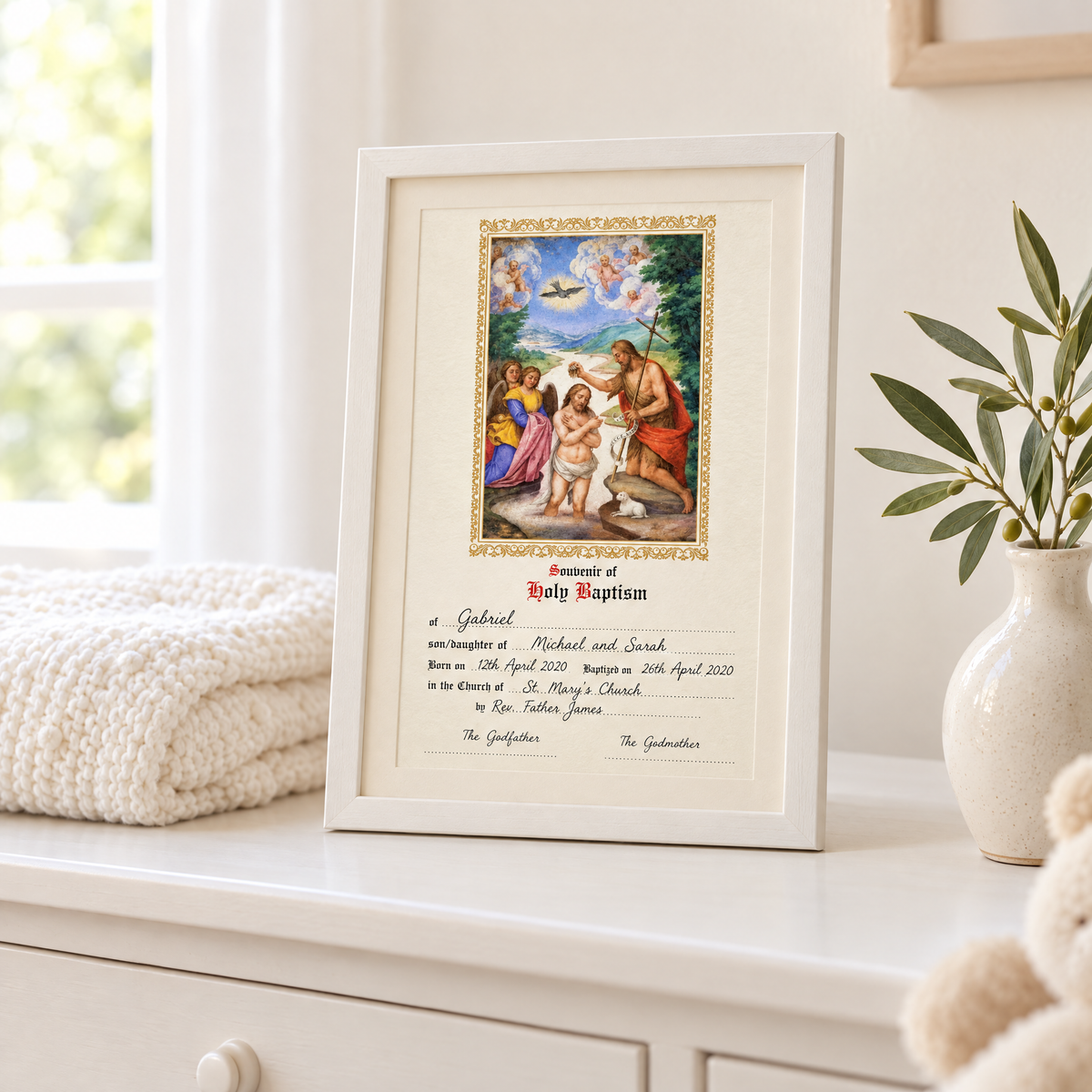 Filled-in baptism keepsake certificate in a small frame on a nursery dresser