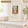 Filled-in baptism keepsake certificate in a small frame on a nursery dresser - frame not included