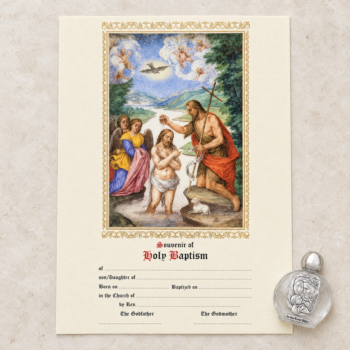 Baptism keepsake certificate on limestone with a Jordan River holy water bottle