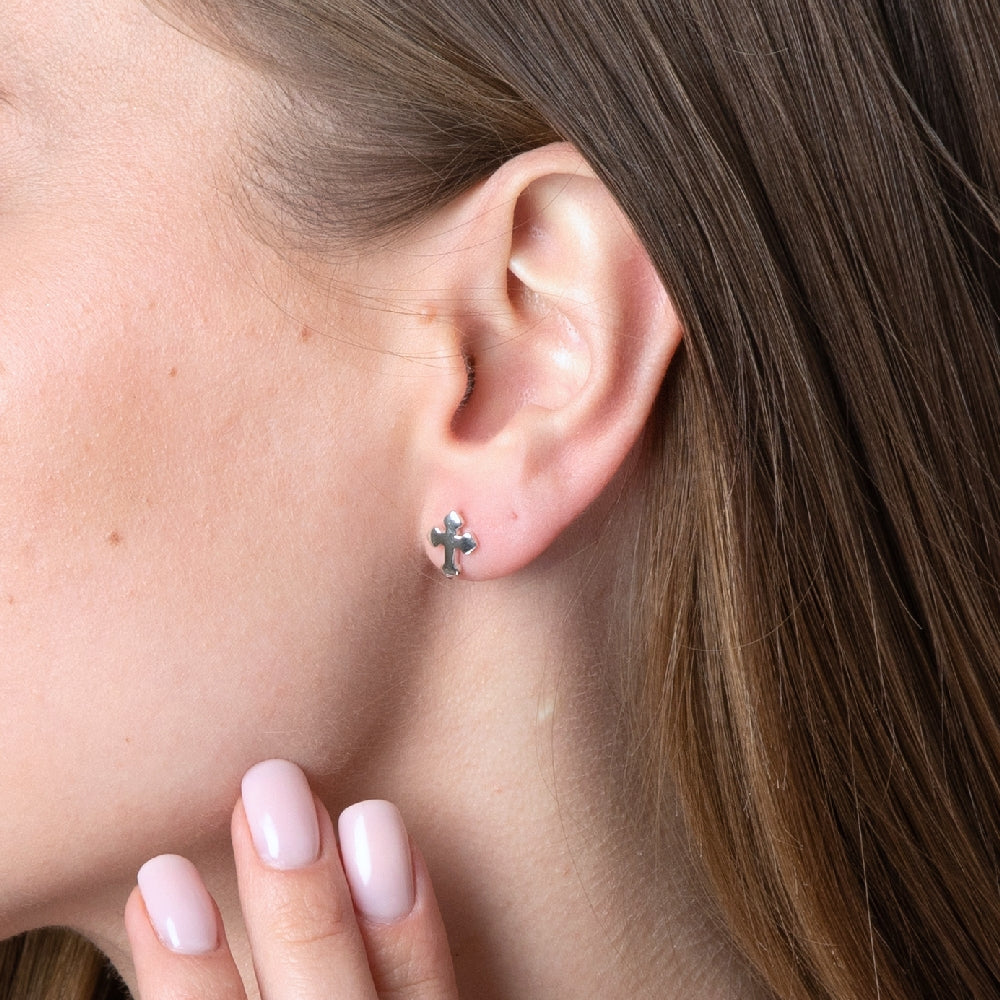 Budded Cross Stud Earrings in 925 Sterling Silver – shown worn