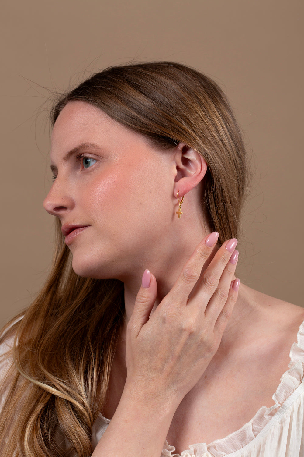 Cross Drop Earrings in 925 Sterling Silver, Gold-Plated – shown worn