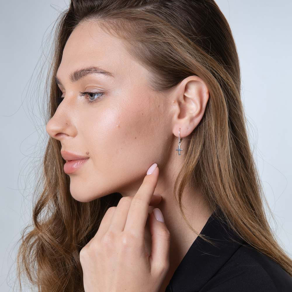 Cross Drop Earrings in 925 Sterling Silver – shown worn