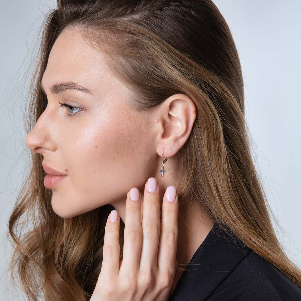 Cross Drop Earrings in 925 Sterling Silver – shown worn, close-up