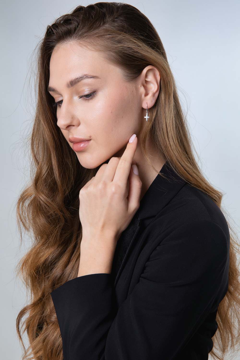 Cross Drop Earrings in 925 Sterling Silver – shown worn