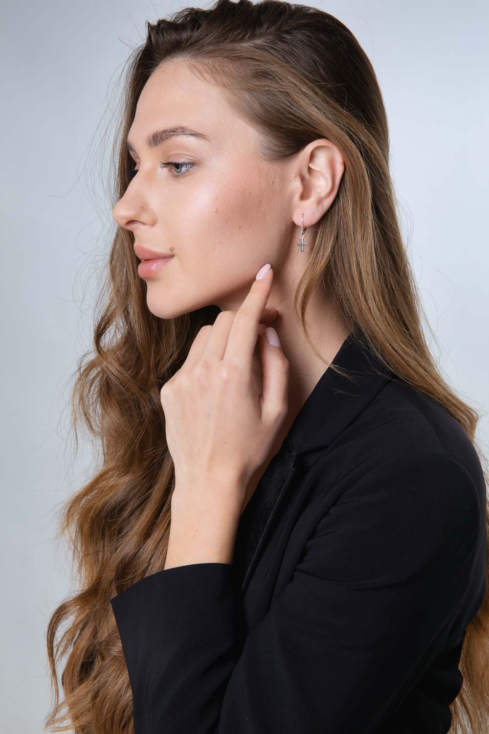 Cross Drop Earrings in 925 Sterling Silver – shown worn
