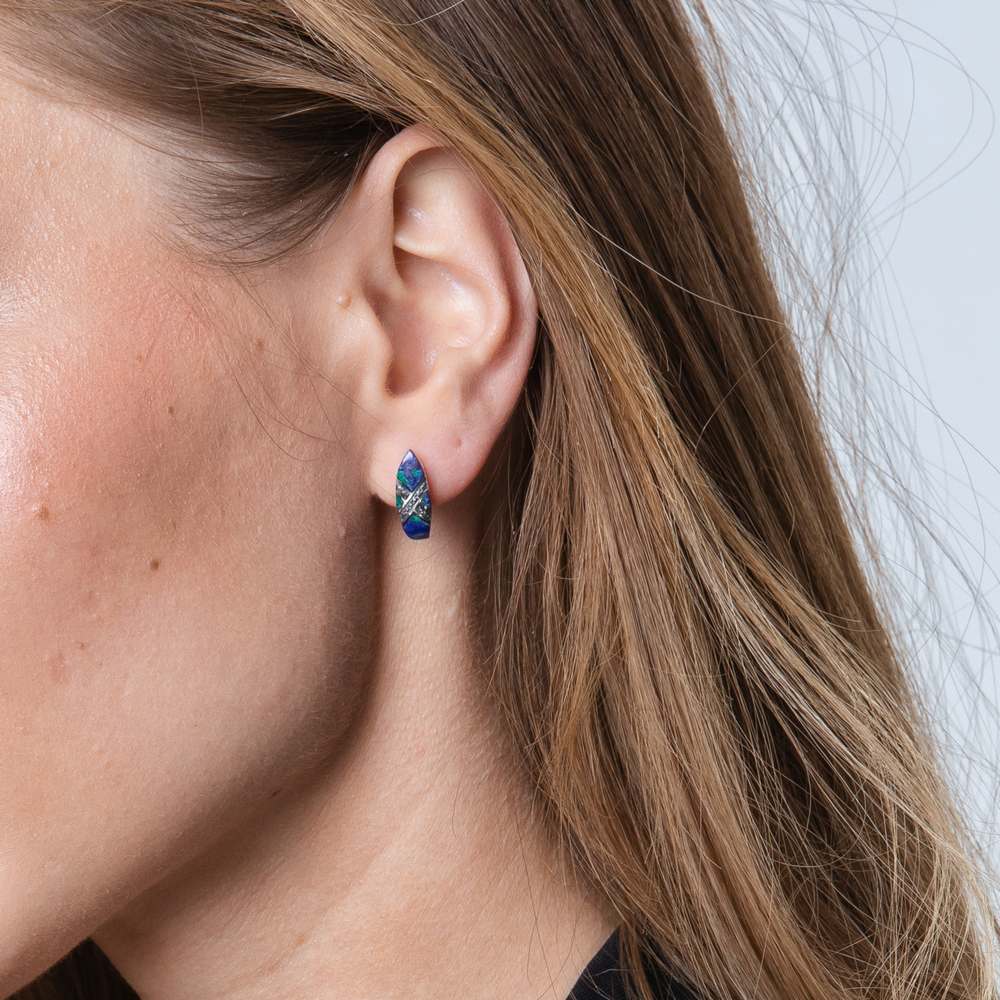 Eilat Stone Marquise Hoop Earrings with Pave Accent in 925 Sterling Silver – shown worn