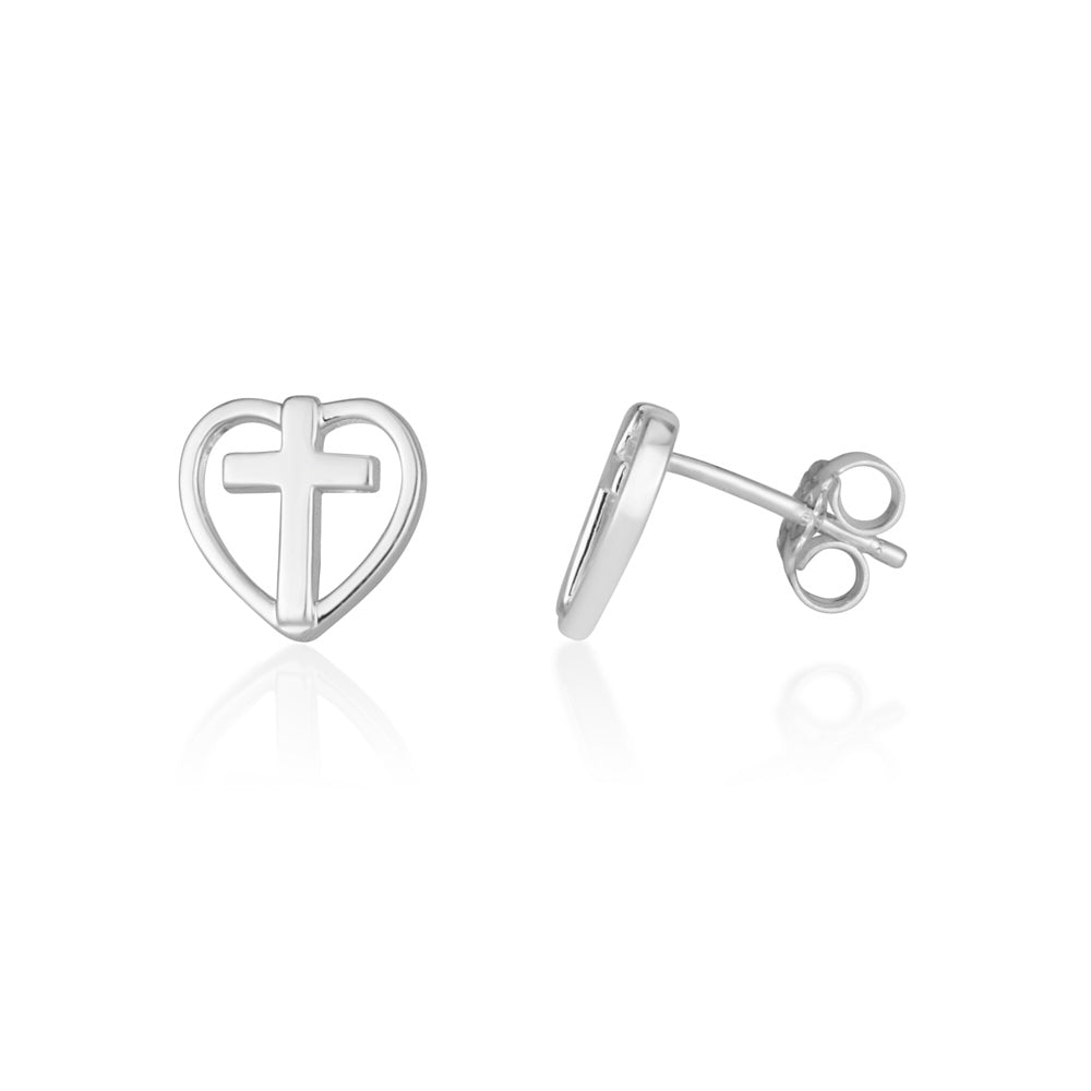 Heart and cross stud earrings in 925 sterling silver by Marina Jewelry
