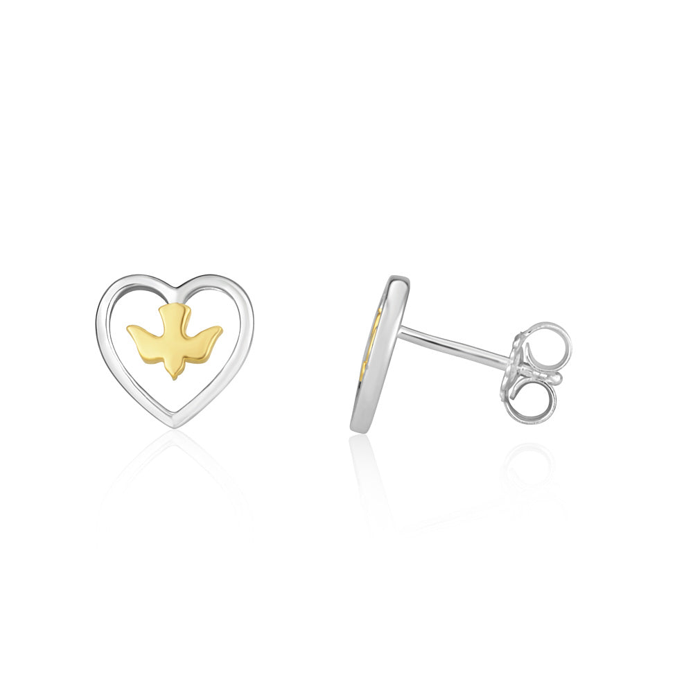 Heart and gold dove stud earrings in 925 sterling silver by Marina Jewelry