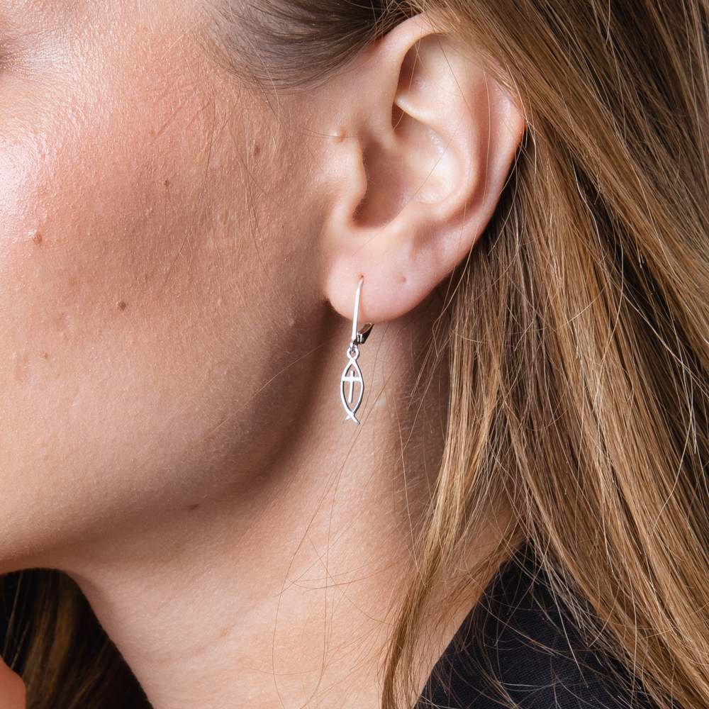 Fish & Cross Drop Earrings in 925 Sterling Silver – shown worn