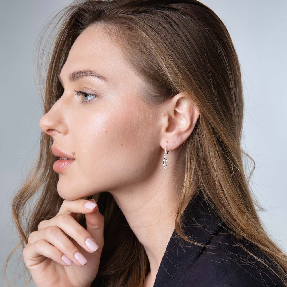 Fish & Cross Drop Earrings in 925 Sterling Silver – shown worn