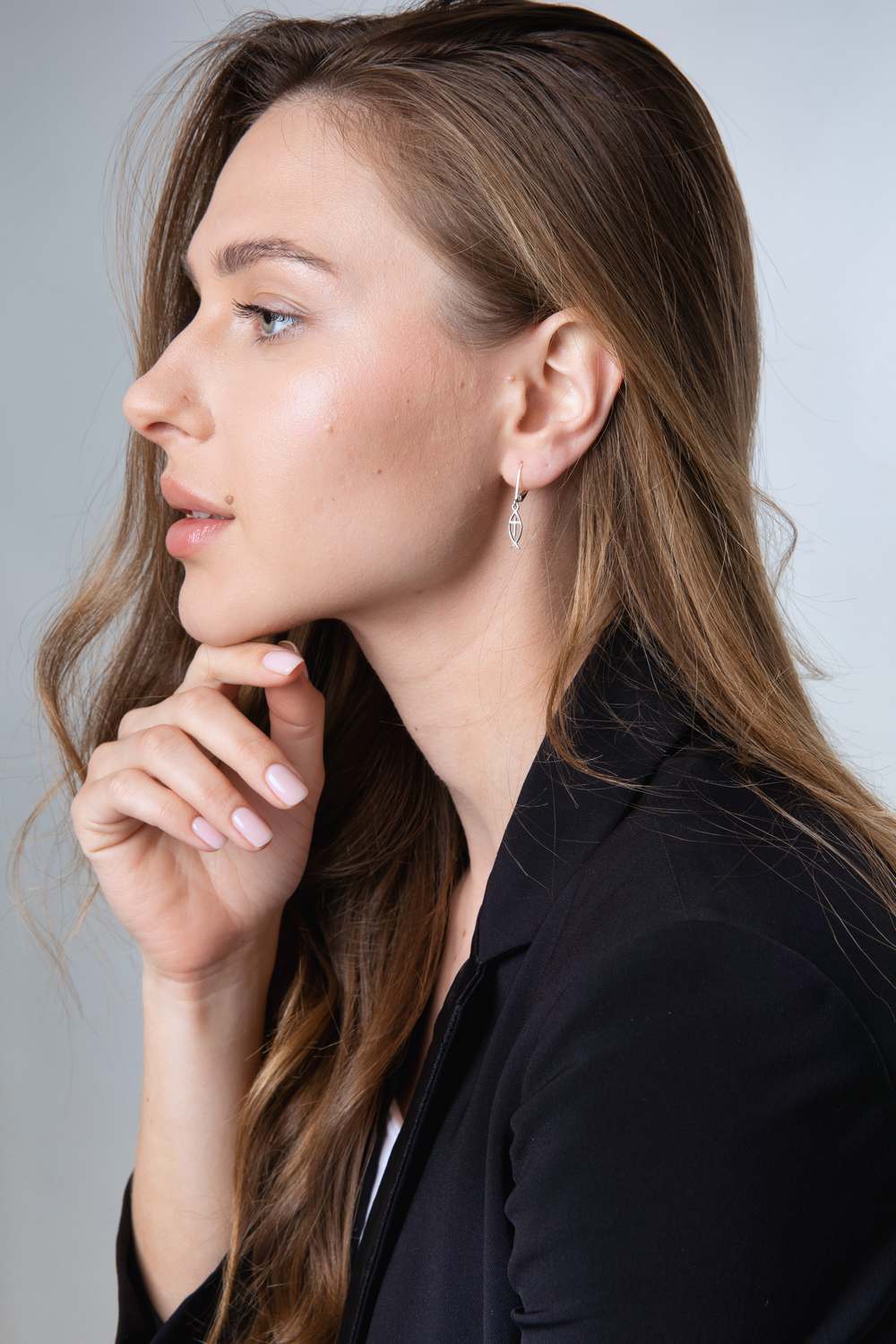 Fish & Cross Drop Earrings in 925 Sterling Silver – shown worn