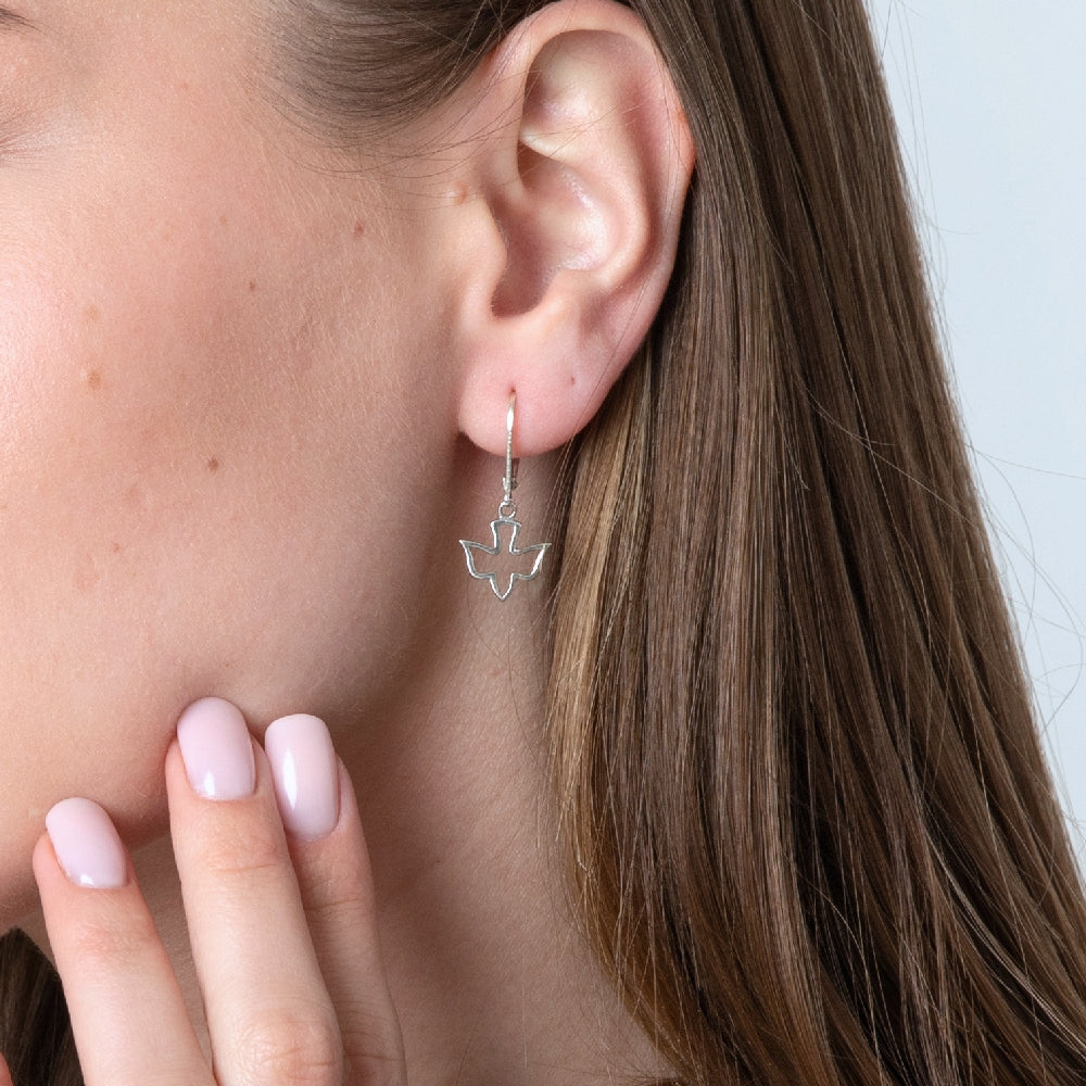 Dove Outline Drop Earrings in 925 Sterling Silver – shown worn
