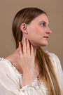 Heart & Cross Stud Earrings, Slim Gold Cross, 925 Sterling Silver – shown worn