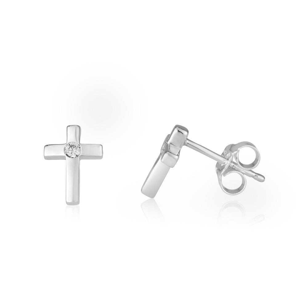 Cross stud earrings with cubic zirconia in 925 sterling silver by Marina Jewelry