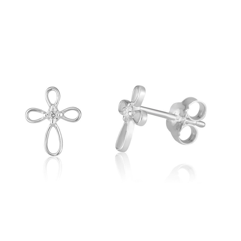 Floral cross stud earrings with cubic zirconia in 925 sterling silver by Marina Jewelry