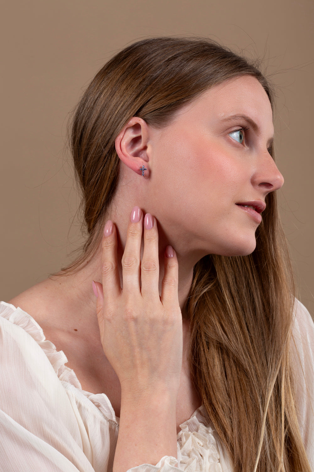 Amethyst Cross Stud Earrings in 925 Sterling Silver – shown worn