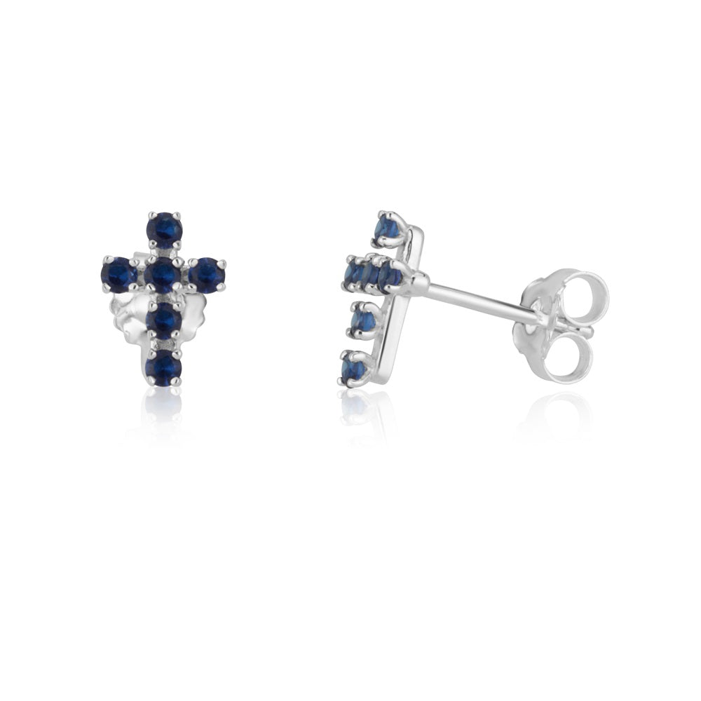 Blue topaz cross stud earrings in 925 sterling silver by Marina Jewelry