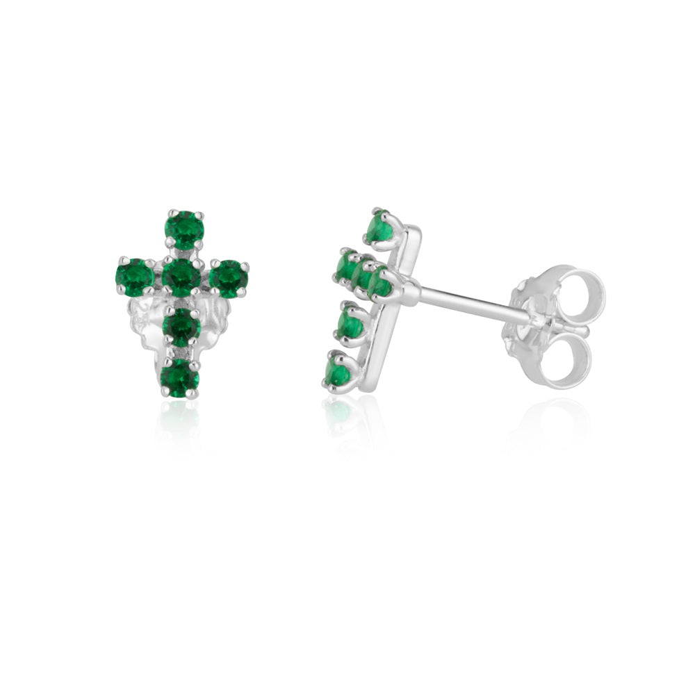 Emerald cross stud earrings in 925 sterling silver by Marina Jewelry