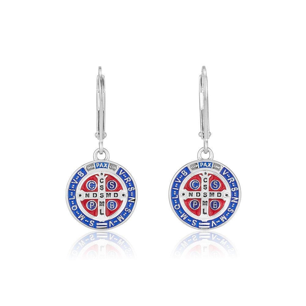 Saint Benedict medal drop earrings in blue and red enamel by Marina Jewelry