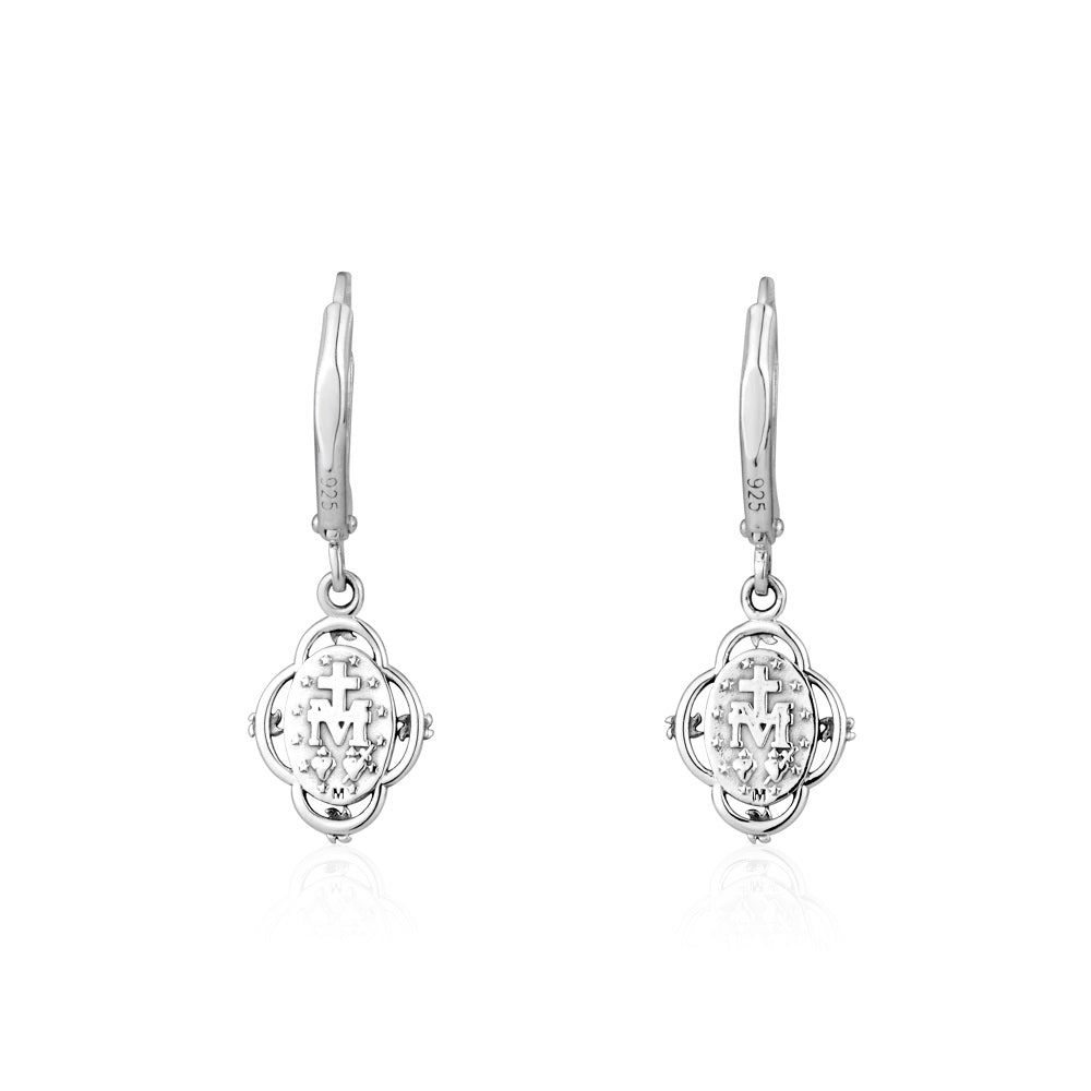 Ornate Miraculous Medal Drop Earrings in 925 Sterling Silver – back view