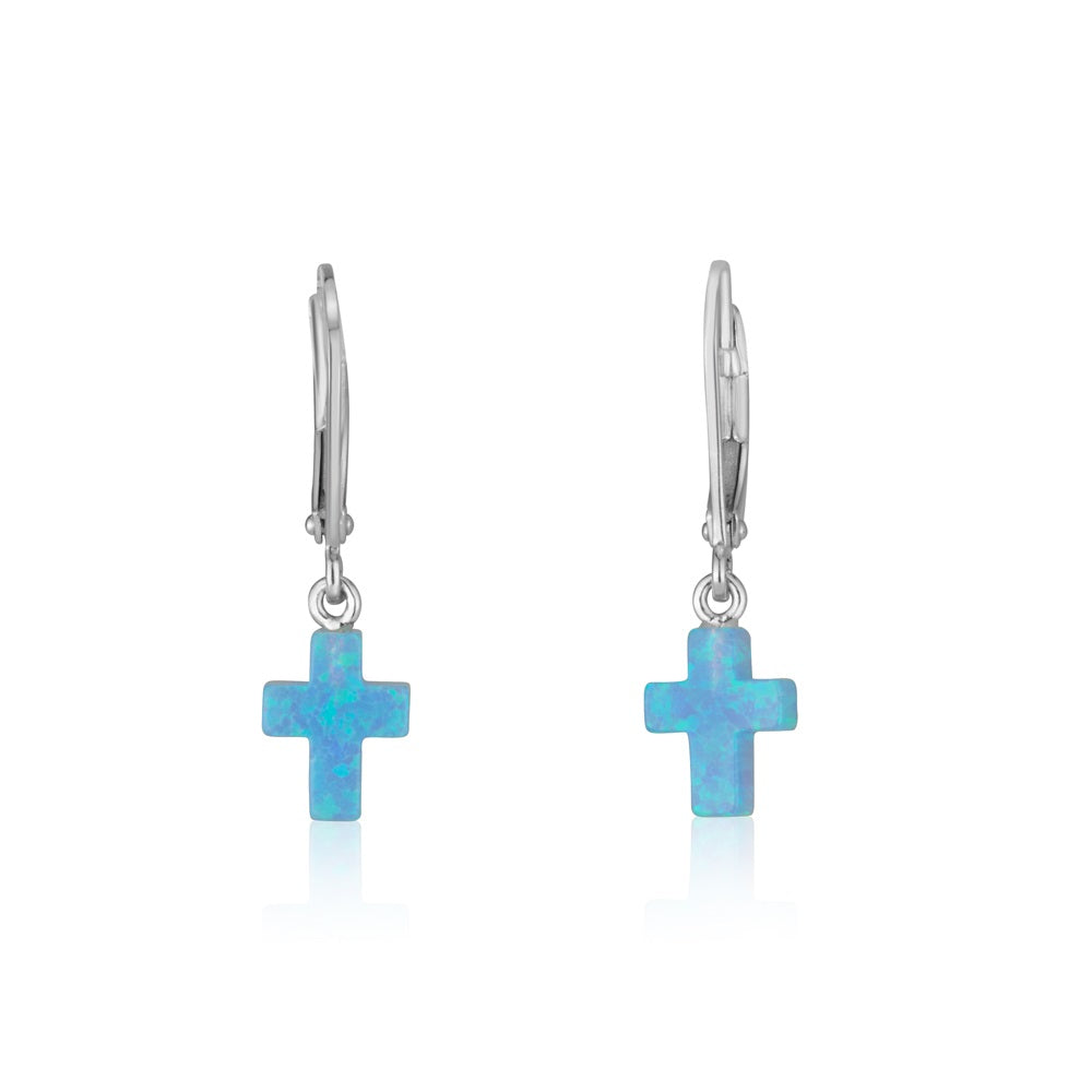 Blue opal cross drop earrings in 925 sterling silver by Marina Jewelry