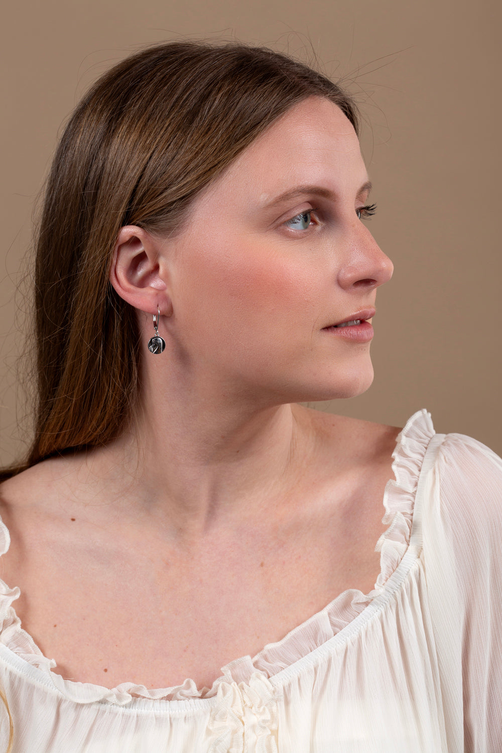 Our Lady of Grace Medal Drop Earrings in 925 Sterling Silver – shown worn