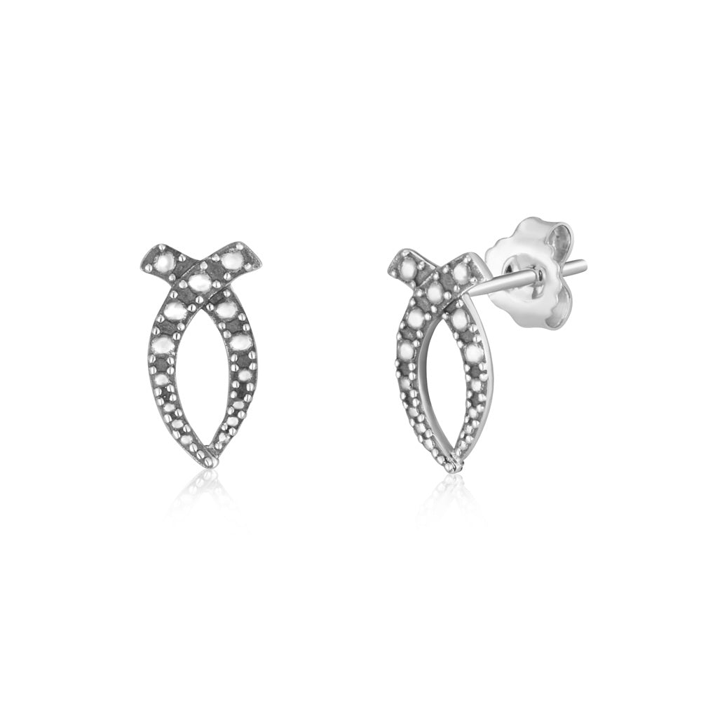 Beaded oxidized ichthus fish stud earrings in 925 sterling silver by Marina Jewelry