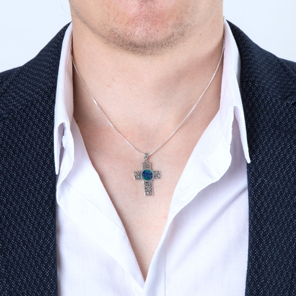 Filigree Cross Pendant Necklace in 925 Sterling Silver with Eilat Stone – shown worn, close-up