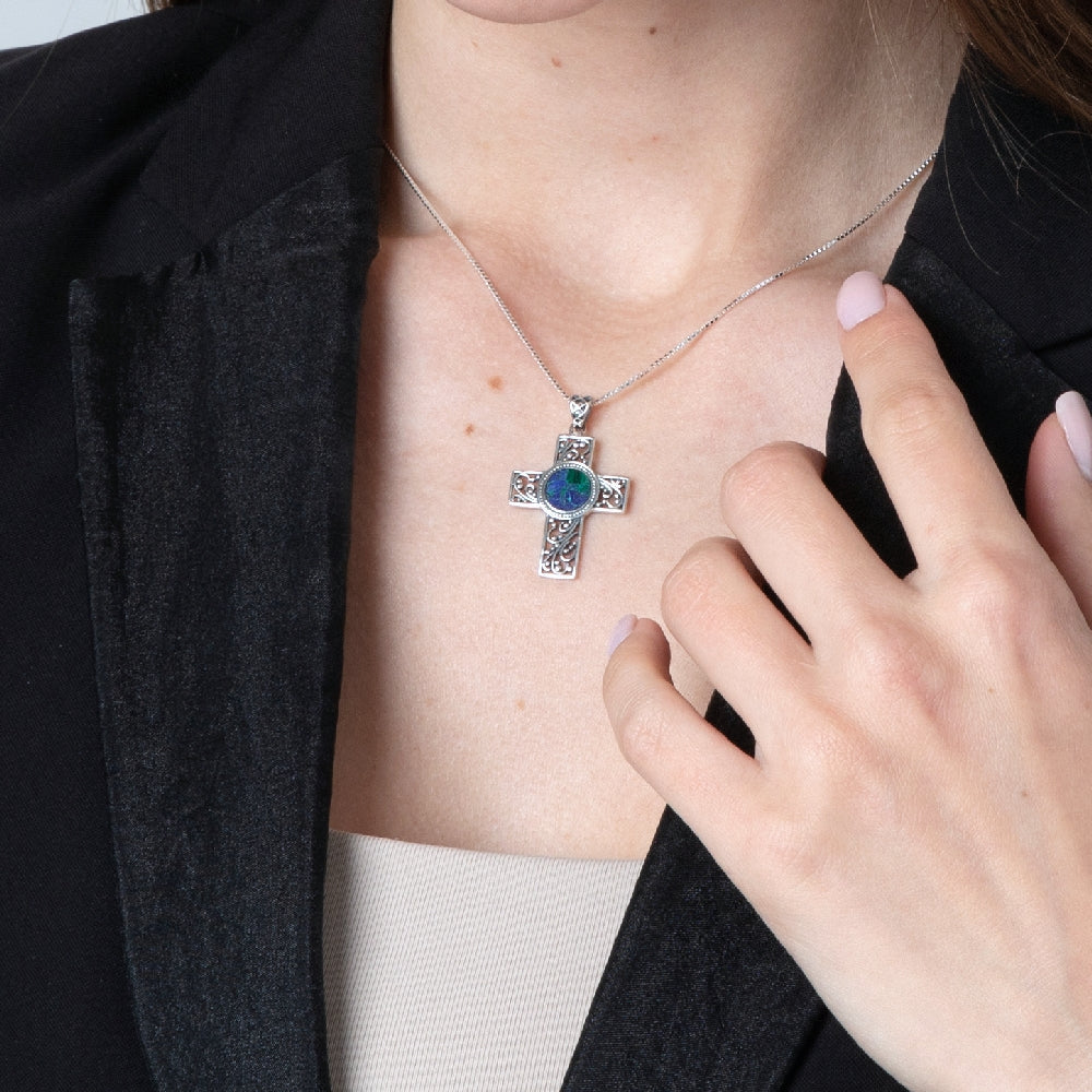 Filigree Cross Pendant Necklace in 925 Sterling Silver with Eilat Stone – shown worn, close-up