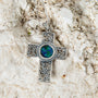 Filigree Cross Pendant Necklace in 925 Sterling Silver with Eilat Stone – flat lay