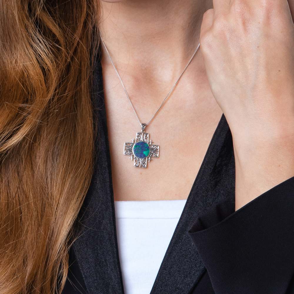 Filigree Jerusalem Cross Pendant Necklace in 925 Sterling Silver with Eilat Stone – shown worn, close-up