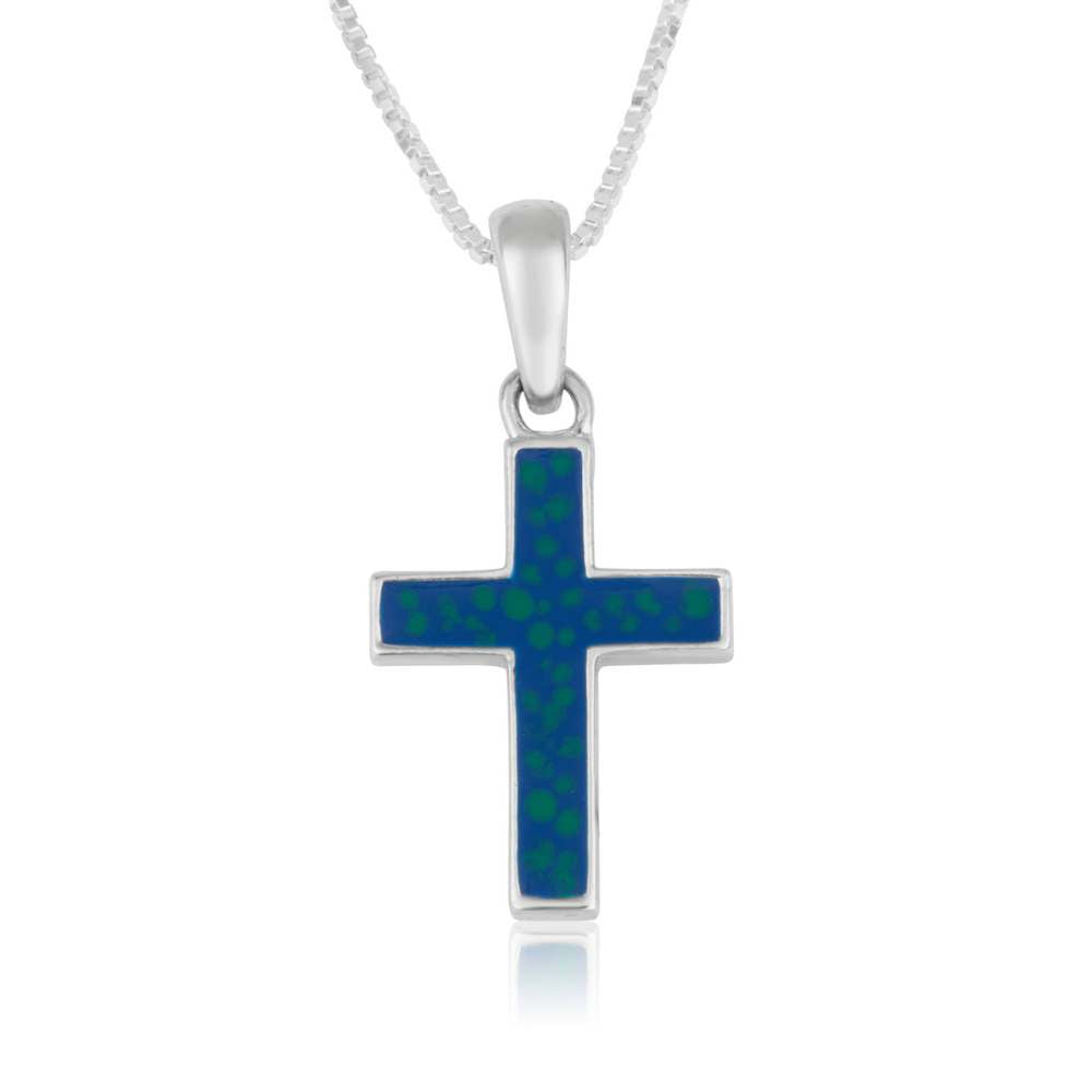 Blue and green enamel cross pendant in 925 sterling silver by Marina Jewelry