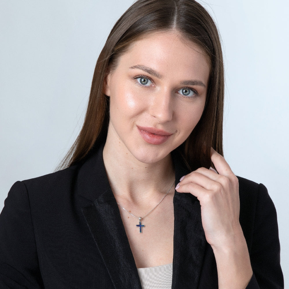 Enamel Cross Pendant Necklace in 925 Sterling Silver – shown worn