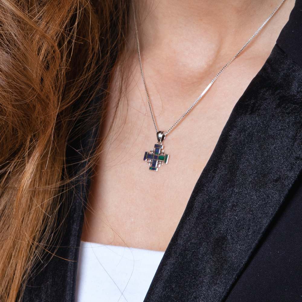 Jerusalem Cross Pendant Necklace in 925 Sterling Silver with Eilat Stone – shown worn, close-up