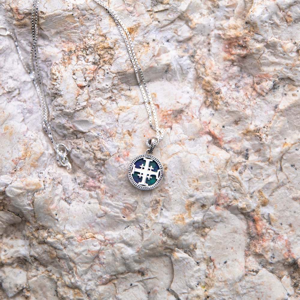 Jerusalem Cross Eilat Stone Disc Pendant Necklace in 925 Sterling Silver – flat lay