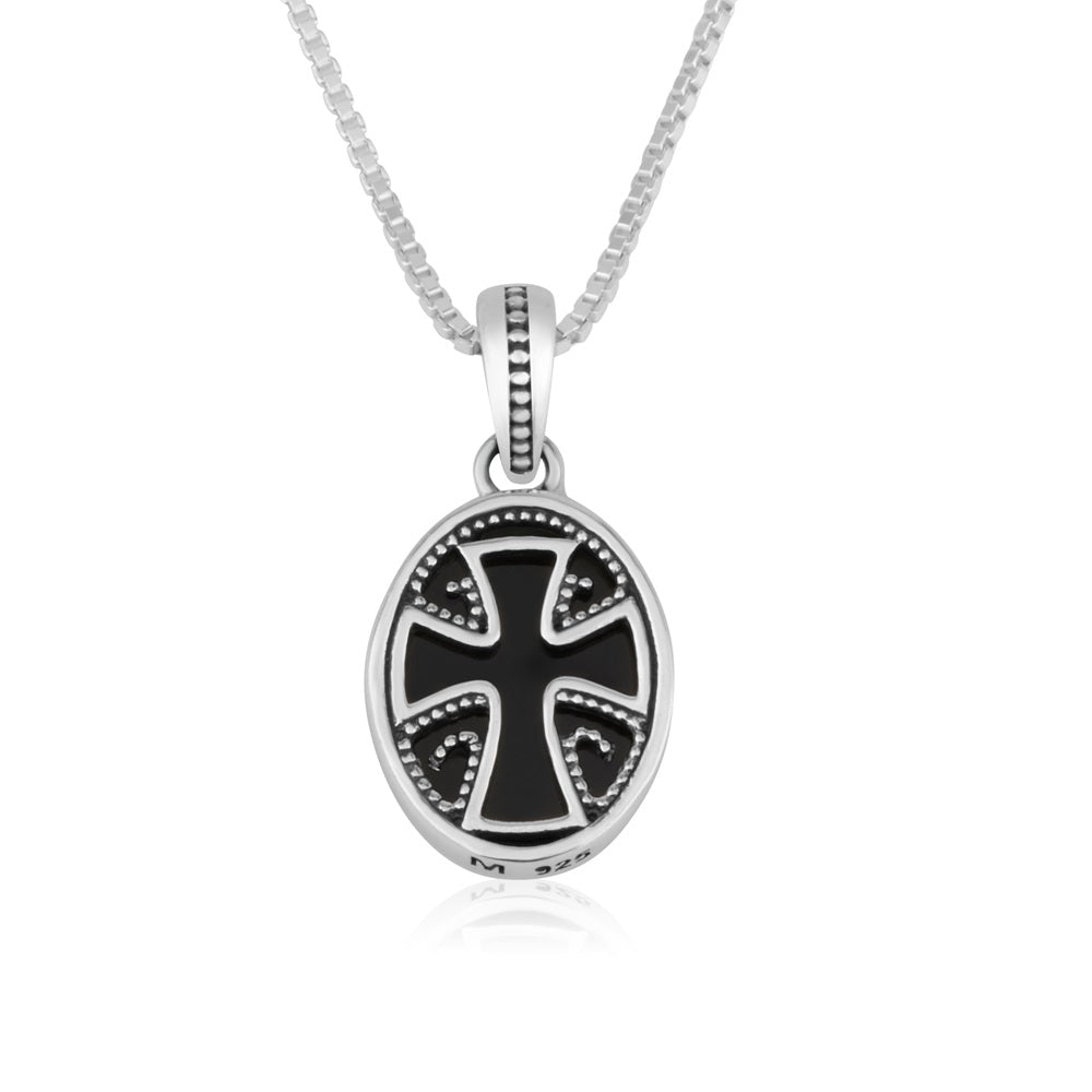 Flared cross pendant necklace in 925 sterling silver with black onyx by Marina Jewelry