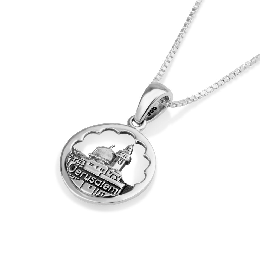 Jerusalem cityscape medallion pendant necklace in oxidized 925 sterling silver by Marina Jewelry