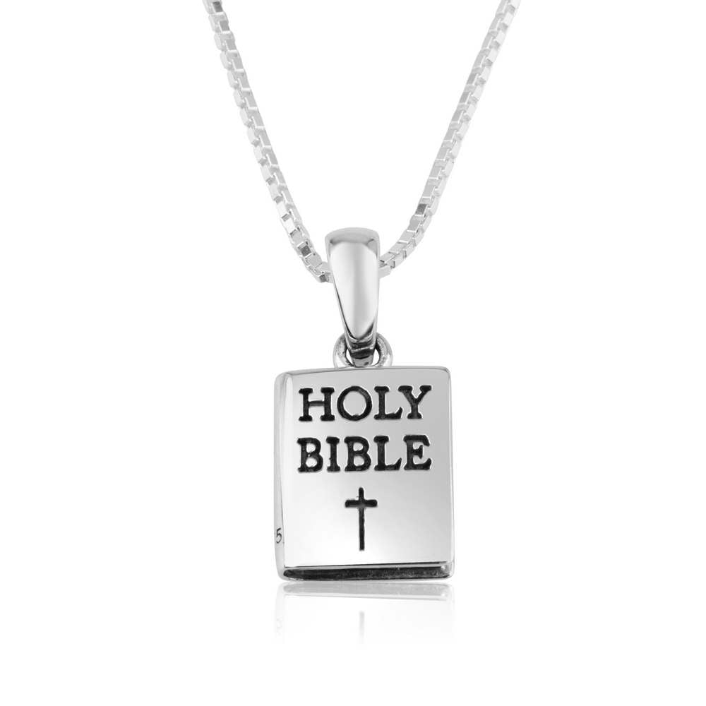 Holy Bible Pendant Necklace, Engraved Latin Cross, 925 Sterling Silver