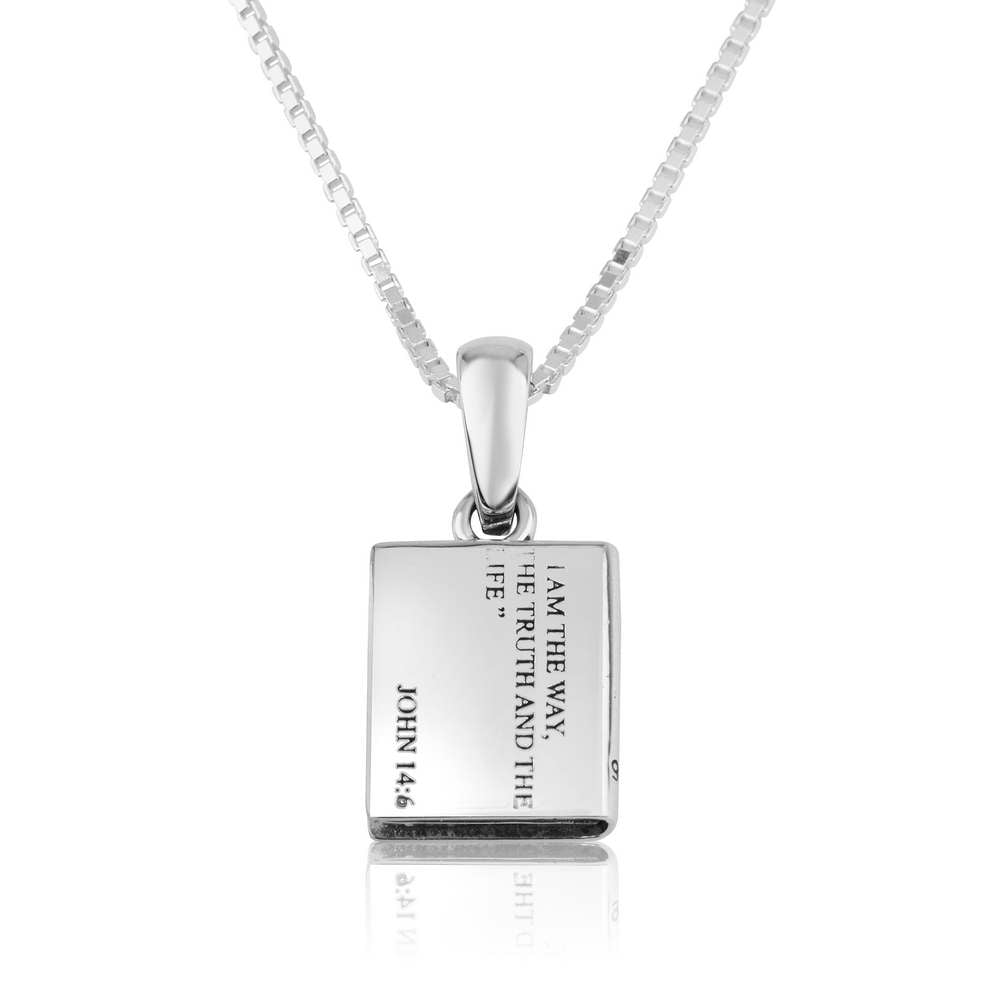 Holy Bible Pendant Necklace, Engraved Latin Cross, 925 Sterling Silver – back view