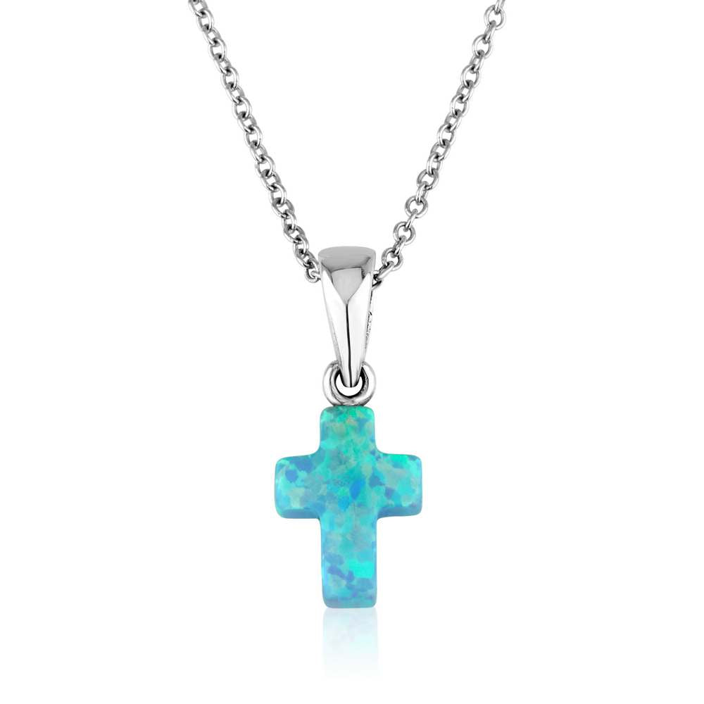 Blue Opal Cross Pendant Necklace, Plain Silver Bail, 925 Sterling Silver