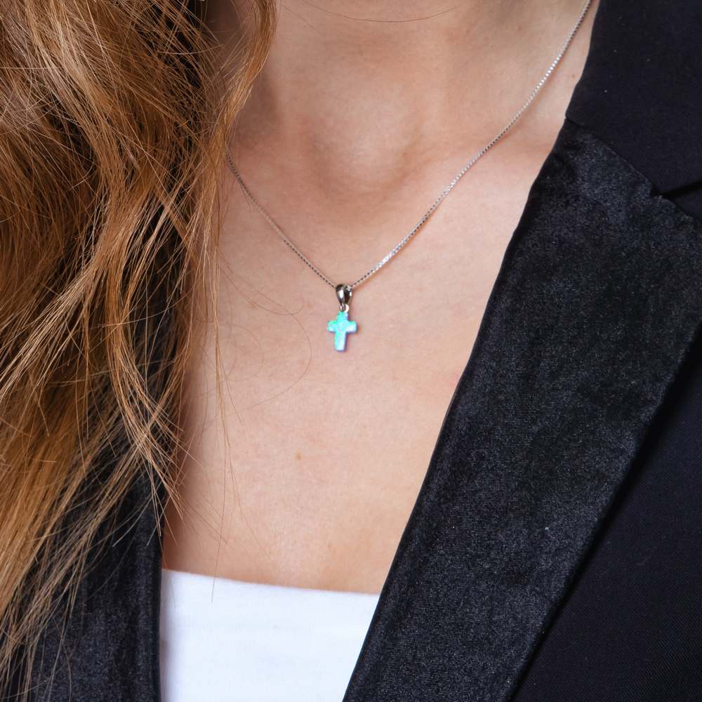 Blue Opal Cross Pendant Necklace, Plain Silver Bail, 925 Sterling Silver – shown worn, close-up