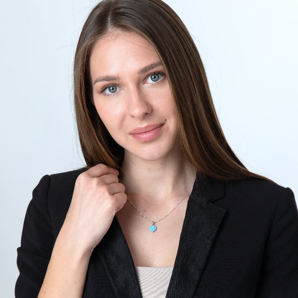 Opal Heart Pendant Necklace in 925 Sterling Silver – shown worn