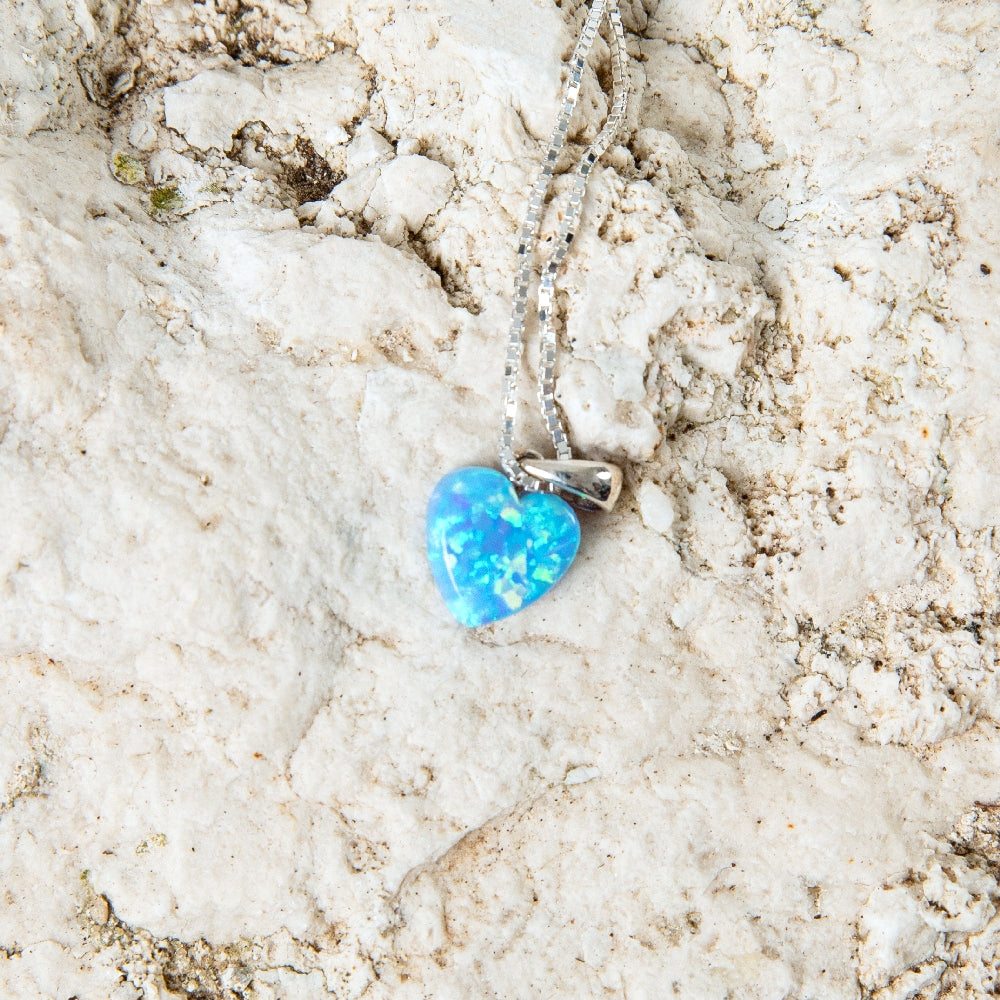 Opal Heart Pendant Necklace in 925 Sterling Silver – flat lay
