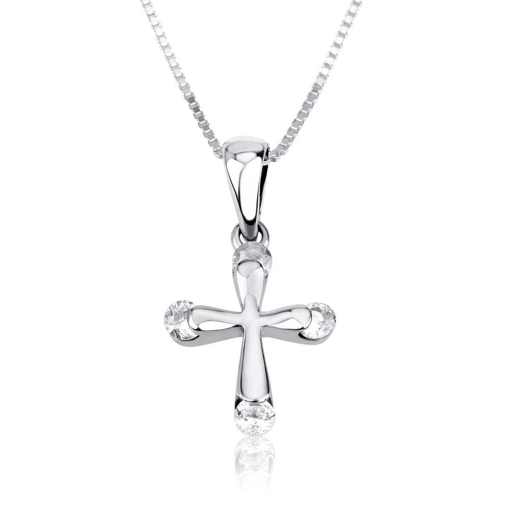 Cross Pendant Necklace, Cubic Zirconia Tips, 925 Sterling Silver
