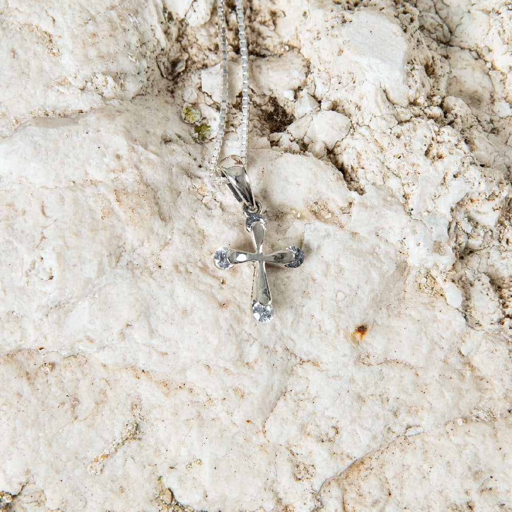 Cross Pendant Necklace, Cubic Zirconia Tips, 925 Sterling Silver – flat lay