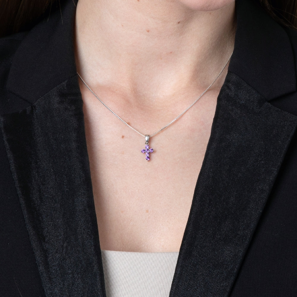 Amethyst Cross Pendant Necklace in 925 Sterling Silver – shown worn, close-up