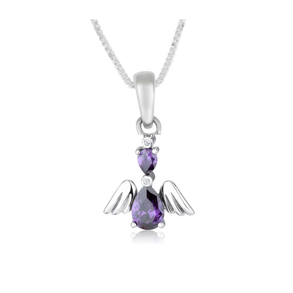Angel pendant necklace with amethyst and cubic zirconia in 925 sterling silver by Marina Jewelry